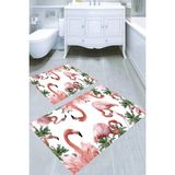 Resmiro Pembe Flamingo Çerçeve Desenli Kaymaz Taban Yıkanabilir 2'li Desenli Banyo Paspası (50X60 cm - 60X100 Cm) - Renkli