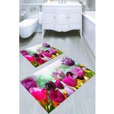 Resmiro Pembe Laleler Desenli 2'li Banyo Paspası (50x60 Cm - 60x100 Cm)