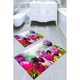 Resmiro Pembe Laleler Desenli Kaymaz Taban Yıkanabilir 2'li Desenli Banyo Paspası (50X60 cm - 60X100 Cm) - Renkli