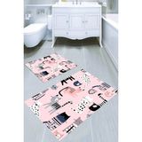 Resmiro Pembe Zemin Kedi Desenli Kaymaz Taban Yıkanabilir 2'li Desenli Banyo Paspası (50X60 cm - 60X100 Cm) - Renkli