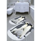 Resmiro Penguen Ailesi Desenli Kaymaz Taban Yıkanabilir 2'li Desenli Banyo Paspası (50X60 cm - 60X100 Cm) - Renkli