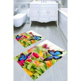 Resmiro Renkli Laleler ve Kelebek Desenli Kaymaz Taban Yıkanabilir 2'li Desenli Banyo Paspası (50X60 cm - 60X100 Cm)