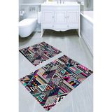 Resmiro Retro Renkli Geometrik Çizimli Kaymaz Taban Yıkanabilir 2'li Desenli Banyo Paspası (50X60 cm - 60X100 Cm)