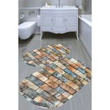 Resmiro Retro Taş Desenli Kaymaz Taban Yıkanabilir 2'li Desenli Banyo Paspası (50X60 cm - 60X100 Cm) - Renkli