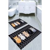 Resmiro Şaşkın Kediler Desenli Kaymaz Taban Yıkanabilir 2'li Desenli Banyo Paspası (50X60 cm - 60X100 Cm) - Renkli