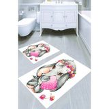 Resmiro Sevgi Dolu Fil Desenli Kaymaz Taban Yıkanabilir 2'li Desenli Banyo Paspası (50X60 cm - 60X100 Cm) - Renkli
