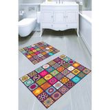 Resmiro Simetrik Kare Desenli Kaymaz Taban Yıkanabilir 2'li Desenli Banyo Paspası (50X60 cm - 60X100 Cm) - Renkli