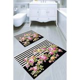 Resmiro Siyah Çizgi Pembe Çiçek Desenli Kaymaz Taban Yıkanabilir 2'li Desenli Banyo Paspası (50X60 cm - 60X100 Cm) - Renkli