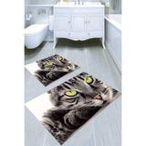 Resmiro Siyah Kedi Desenli Kaymaz Taban Yıkanabilir 2'li Desenli Banyo Paspası (50X60 cm - 60X100 Cm) - Renkli