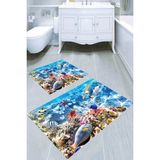 Resmiro Su Altı Dünyası Desenli Kaymaz Taban Yıkanabilir 2'li Desenli Banyo Paspası (50X60 cm - 60X100 Cm) - Renkli