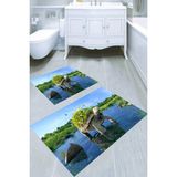Resmiro Suda Yürüyen Kaplumbağa Desenli Kaymaz Taban Yıkanabilir 2'li Desenli Banyo Paspası (50X60 cm - 60X100 Cm) - Renkli