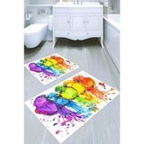 Resmiro Sulu Boya Efektli Papağan Desenli Kaymaz Taban Yıkanabilir 2'li Desenli Banyo Paspası (50X60 cm - 60X100 Cm) - Renkli