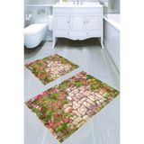 Resmiro Taş ve Sarmaşık Çiçekler Desenli Kaymaz Taban Yıkanabilir 2'li Desenli Banyo Paspası (50X60 cm - 60X100 Cm) - Renkli