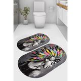 Resmiro Tüylü Kızıldereli Kaymaz Taban Yıkanabilir 2'li Desenli Banyo Paspası (50X60 cm - 60X100 Cm) - Renkli