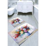 Resmiro Vazoda Pastel Renk Çiçek Kaymaz Taban Yıkanabilir 2'li Desenli Banyo Paspası (50X60 cm - 60X100 Cm) - Renkli