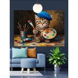 Ressam Kedi Palet Fırça Tutuyor Dekoratif Kanvas - Mdf Ahşap Tablo