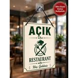 Restaurant Açık Kapalı Tabelası Çift Taraflı Mdf 15X20CM - Ultra Güçlü Vantuz Hediyeli / Restaurant Cam Kapı Askı Tabelası - 15x20 cm
