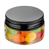 Restaurantware RW Base 1 oz Şeker Kavanozları, 10 Dayanıklı Mutfak Saklama Kabı - Yuvarlak, Hava Geçirmez Conta, Siyah Alüminyum Kapaklı Şeffaf Plastik Atıştırmalık Kavanozları, Masa Teşhir veya Şeker Büfe İçin -