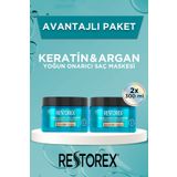 Restorex Keratin & Argan Onarıcı Saç Bakım Maskesi 2x300 Ml - Yıpranmış Ve Hasar Görmüş Saçlar Botoks Etkili