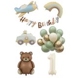 Retro 1 Yaş Doğum Günü Seti; Uçak, Araba, Gökkuşağı, Ayıcık ve 20 Adet Lateks Balon Set