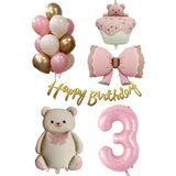 Retro 3 Yaş Ayıcık Temalı Kız Bebek Konsept Doğum Günü Seti - Pembe - Gold