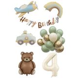 Retro 4 Yaş Doğum Günü Seti; Uçak, Araba, Gökkuşağı, Ayıcık ve 20 Adet Lateks Balon Set
