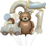 Retro Ayıcık Polis Arabası Gökkuşağı Uçak Konsept 1 Yaş Balon Set Retro Konsept Doğum Günü Balon Set