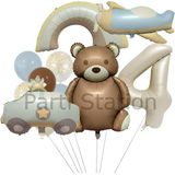 Retro Ayıcık Polis Arabası Gökkuşağı Uçak Konsept 4 Yaş Balon Set Retro Konsept Doğum Günü Balon Set