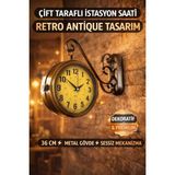 Retro Çift Taraflı Istasyon Saati 36 cm Metal Duvar Saati Antique Dekoratif Saat