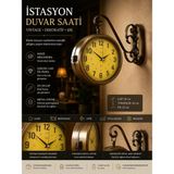 Retro Çift Taraflı Istasyon Saati 36 cm Metal Duvar Saati Antique Dekoratif Saat