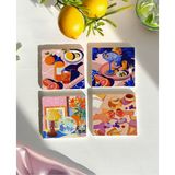 Retro Desenli Doğal Taş Bardak Altlığı Seti, Renkli ve Dekoratif, 4’lü - 10 x 10 cm