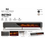 Retro Elektrikli Şömineli Tv Ünitesi 170 Cm Antrasit Krom Ayaklı Dalgalı Kapaklı Modern Tv Sehpası