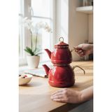 Retro Emaye Çaydanlık Takımı Parlak Bordo Gold Kulp