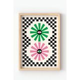 Retro Göz Desenli Poster – Renkli Geometrik Çiçek ve Dama Desenli Modern Duvar Sanatı Çok Renkli 21 x 30