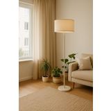 retro home design Krem Ayaklı Beyaz Renkli Gold Detaylı Kumaş Şapkalı Lambader Tek Ayaklı Dekoratif Salon Yatak Odası