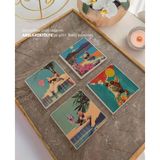 Retro Kedi Temalı Doğal Taş Bardak Altlığı Seti - Renkli ve Eğlenceli (4’lü Set) - 10 x 10 cm