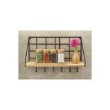 Retro Metal Duvar Rafı,6 Kancalı,Kahve Köşesi,Mutfak Rafı,Ahşap Raflı,32x11,5x24cm,Hazır Montajlı Bej