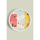 Retro Mimari Desenli Modern Duvar Saati - 25cm - Önü Camlı Beyaz Kasa - Sessiz Mekanizma, JH0770S25BKP