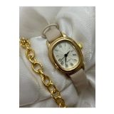 Retro Minimal Deri Kordon Vintage Oval Gold Kasa Kadın Kol Saati Bej Rengidir