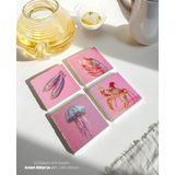 Retro Pembe Deniz Canlıları Tasarımlı Taş Bardak Altlıkları - 4’lü Set - doğal taş