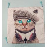 Retro Tarz Kedi Desenli Dekoratif Yastık Kılıfı, Mavi Gözlü, 42x42 cm