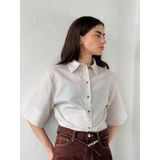 Retrobird Hafif Simli Retro Model Bol Kısa Kol Gömlek Kadın Krem Gold