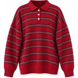 Retrobird Sadie Çizgili Oversize Polo Yaka Triko Kazak Kadın Kırmızı
