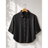 Retrobird Saten Görünümlü Retro Model Bol Kısa Kol Gömlek Kadın Parlak Siyah - L - XL