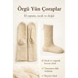 Reva El Örgüsü Yün Çorap %100 Doğal Yün - Standart - Ekru