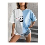 Revasser Kadın Çift Renk Ayıcık Özel Baskılı Oversize Pamuklu Bisiklet Yaka T-Shirt Tişört