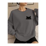 Revasser Kadın KEDİ Detaylı Özel Baskılı Renkli Oversize Bisiklet Yaka Pamuklu Sweatshirt