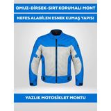 Revertech Mavi-Beyaz Yazlık Fileli Motosiklet Montu Korumalı Nefes Alan Hafif Mont