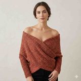 Reyn Handmade Kadın Kiremit Rengi Kendinden Işıltılı Moher El Örgüsü Çoklu Kullanım Şal Bluz - 00-Kahverengi - 38 - 42