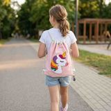 Reyn Punch Nakışlı El Yapımı Büzgülü Ipli Sırt Çantası - Unicorn Figürlü Pembe Bez Çanta - 33x40 cm - 00-Pembe